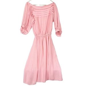 VINTAGE 70s 80s Dreamy Baby Pink Pleated Striped Ballon Sleeve Midi Dress